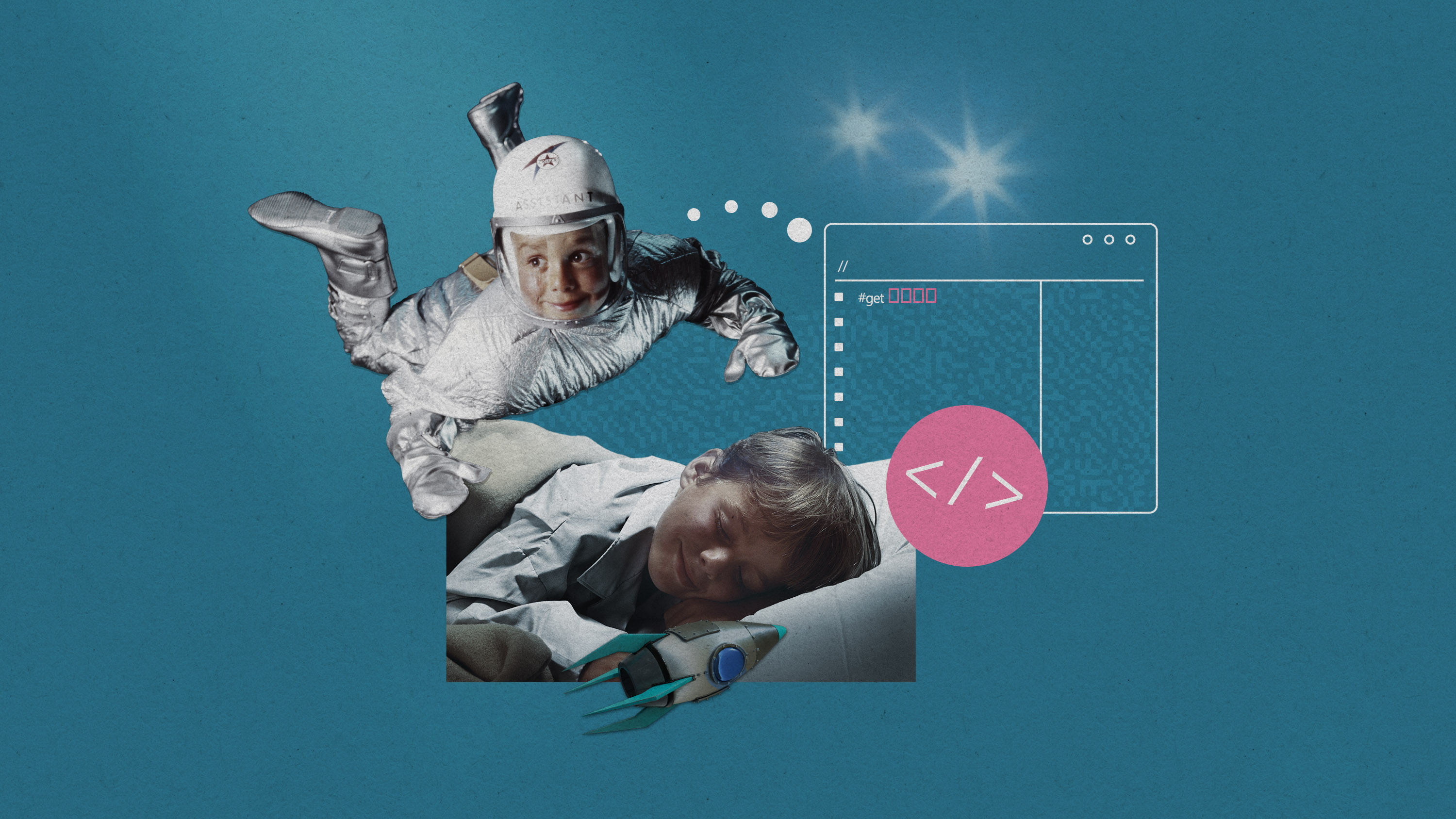 a sleeping boy dreaming of an astronaut self with "Assistant" on his space helmet who is dreaming of a code window