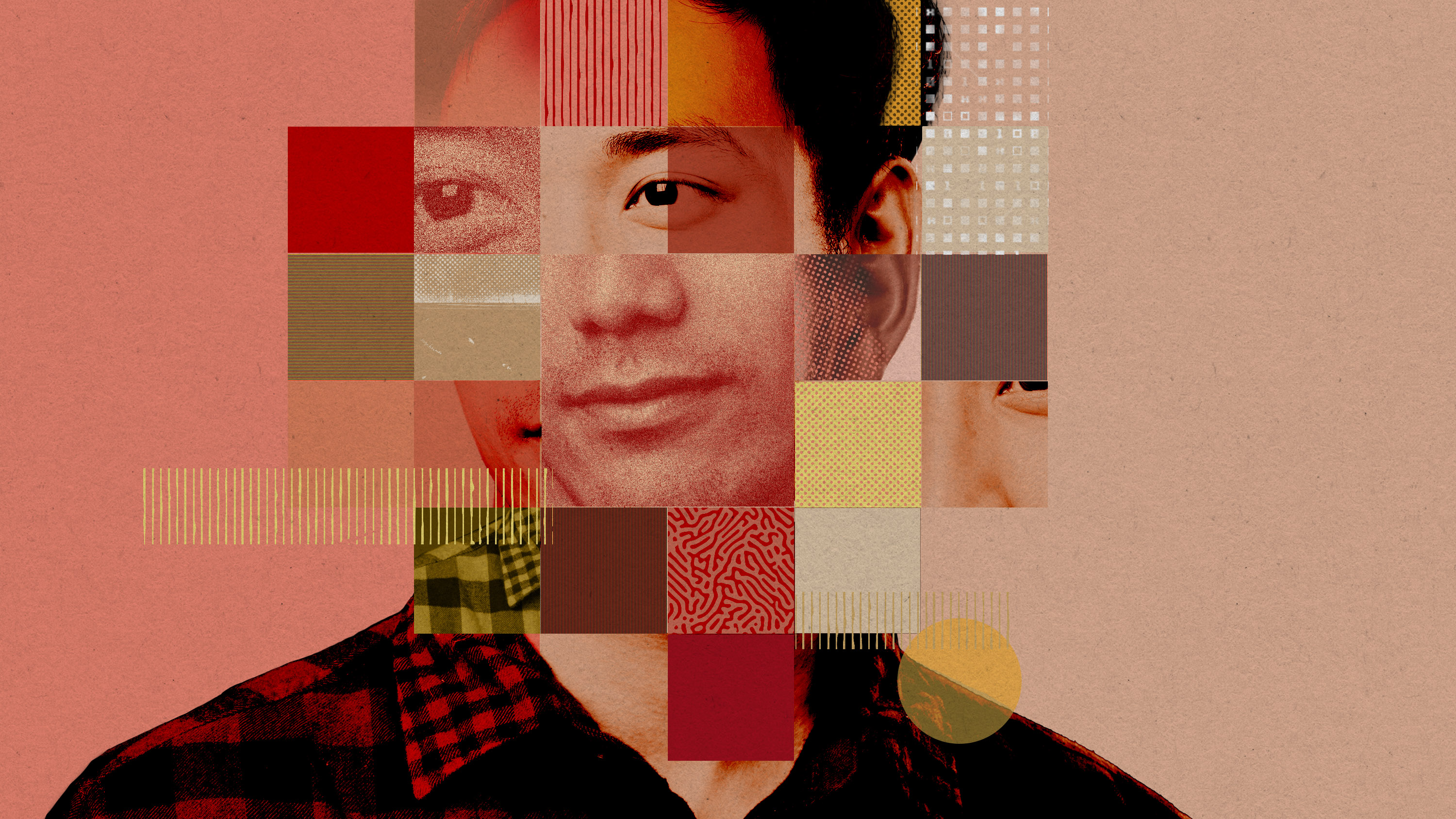 a man's portrait broken and reassembled into a grid with bar code and fingerprint patterns