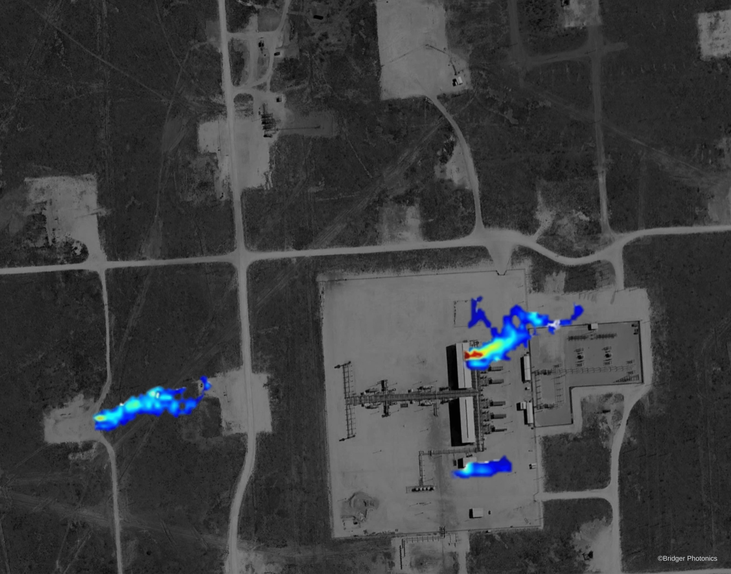 Aerial lidar capture with colored areas indicating a gas plume